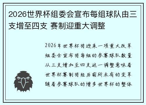 2026世界杯组委会宣布每组球队由三支增至四支 赛制迎重大调整