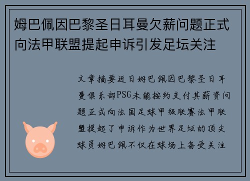 姆巴佩因巴黎圣日耳曼欠薪问题正式向法甲联盟提起申诉引发足坛关注 姆巴佩因巴黎圣日耳曼欠薪问题正式向法甲联盟提起申诉引发足坛关注